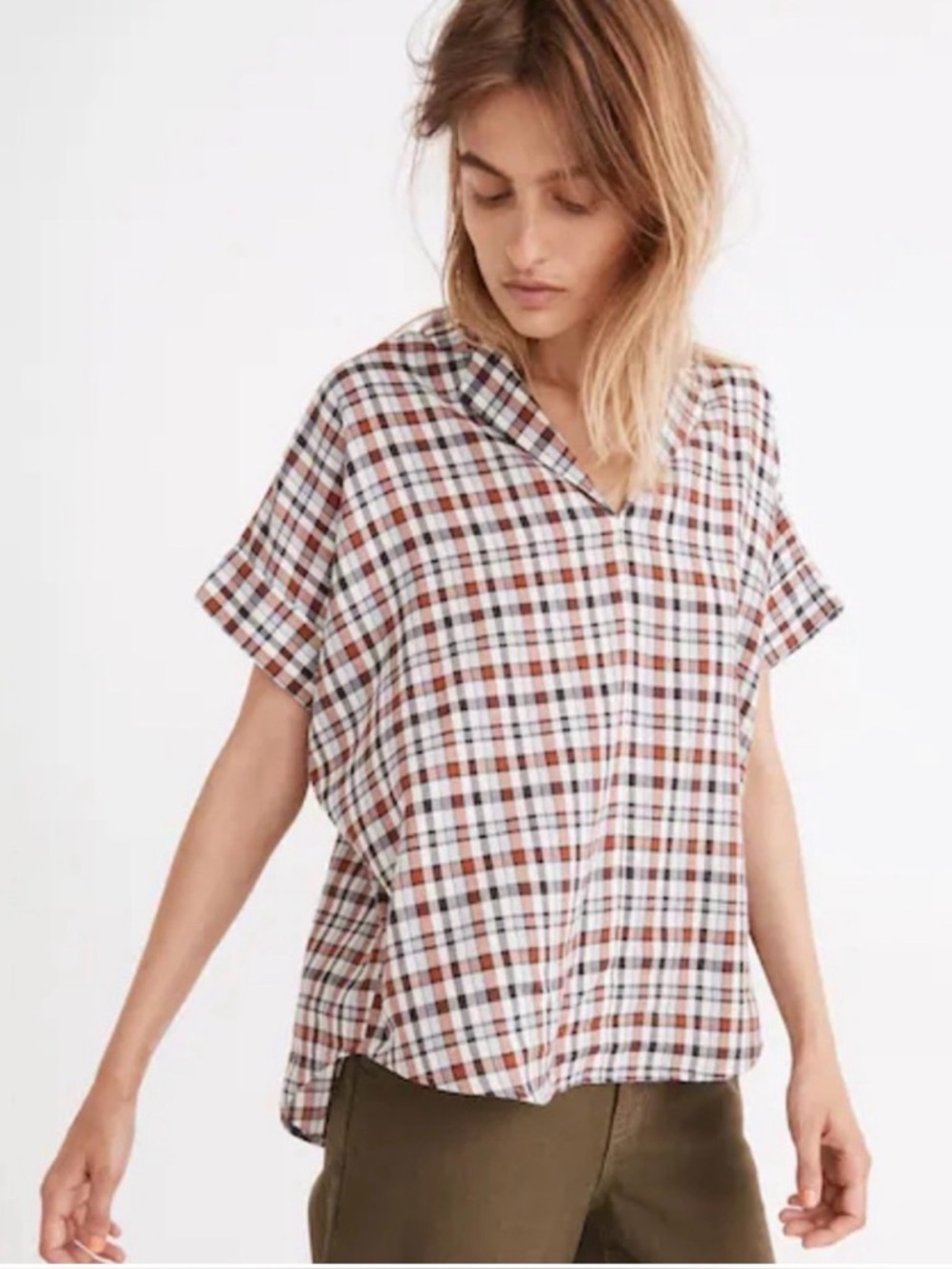 Madewell M Hayden burning plaid 100% cotton V neck split back popover oversized